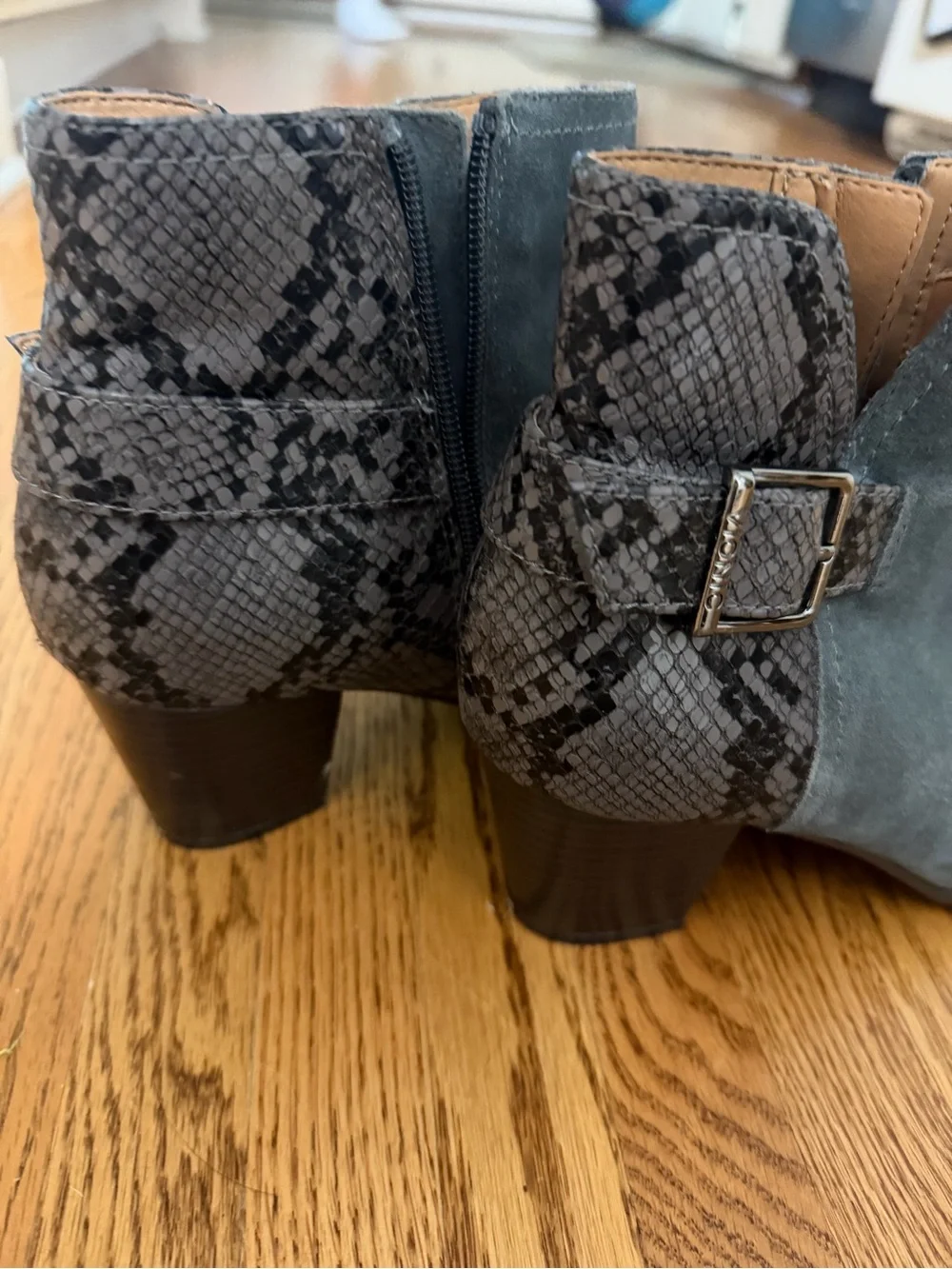 Vionic Teal Suede Ankle Booties with Snakeskin Heel and Buckle